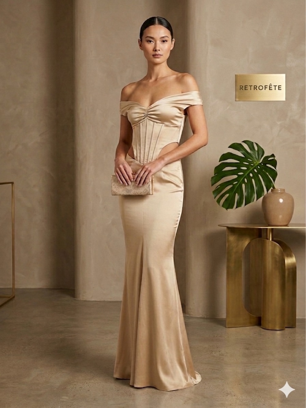 Retrofête Off the Shoulder Corset Cutout Silk Blend Gown Neutral NWT Medium